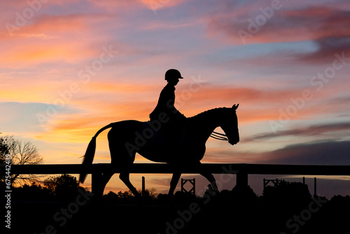 A silhouette of a horse and rider in a ring with a sunrise sky. 