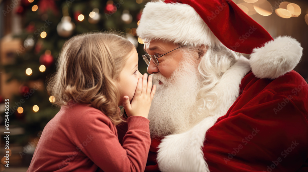 A young child is sharing a secret with a cheerful Santa Claus against a backdrop of a decorated Christmas tree and presents, encapsulating a magical holiday moment. A young child is sharing a secret with a cheerful Santa Claus against a backdrop of a decorated Christmas tree and presents, encapsulating a magical holiday moment.