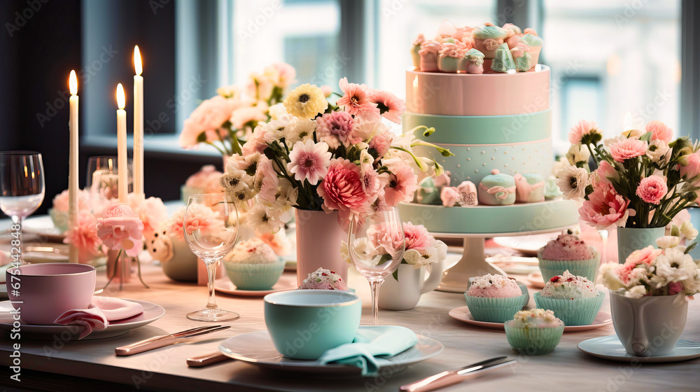 Elegant setting of a birthday table with pastel decorations and fine china,
