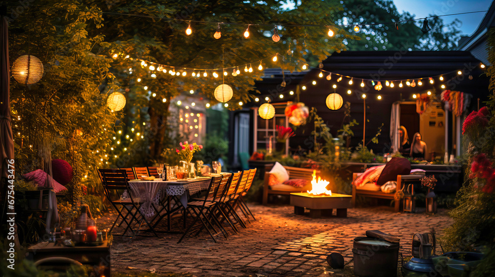 Artistic representation of a birthday party in a garden with lanterns and fairy lights,