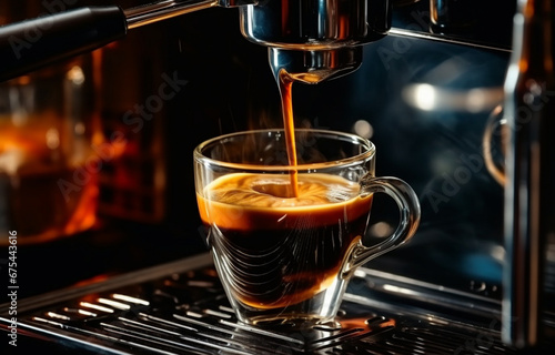 black coffee is poured into a glass cup that stands on a metal stand, on a blurred background of a coffee machine