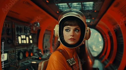 Fototapeta Naklejka Na Ścianę i Meble -  A beautiful woman in a retro vintage sci-fi movie in a space station
