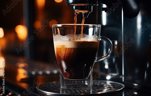 black coffee is poured into a glass cup that stands on a metal stand  on a blurred background of a coffee machine