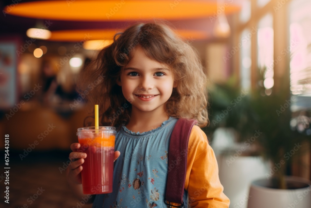 happy modern child girl with a glass of fresh juice drink on the background of youth restaurant and cafe happy modern child girl with a glass of fresh juice drink on the background of youth restaurant and cafe