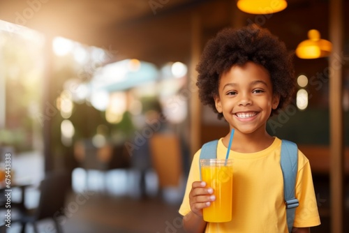 happy modern african american child boy with a glass of fresh juice drink on the background of youth restaurant and cafe photo
