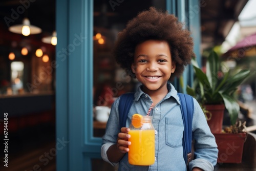 happy modern african american child boy with a glass of fresh juice drink on the background of youth restaurant and cafe