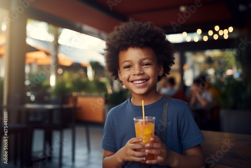 happy modern african american child boy with a glass of fresh juice drink on the background of youth restaurant and cafe