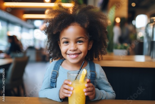 happy modern african american child girl with a glass of fresh juice drink on the background of youth restaurant and cafe