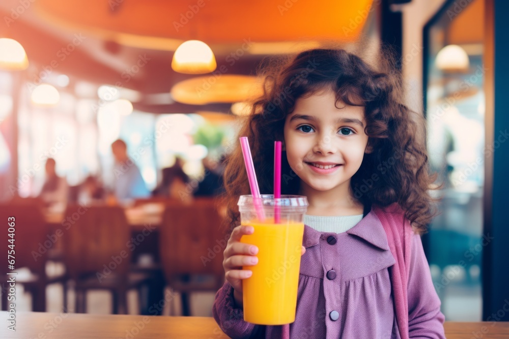 happy modern indian child girl with a glass of fresh juice drink on the background of youth restaurant and cafe happy modern indian child girl with a glass of fresh juice drink on the background of youth restaurant and cafe