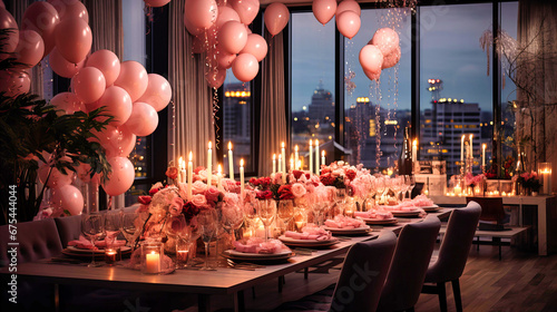 Elegant depiction of a luxurious birthday party with sophisticated decor,