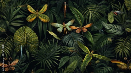 A pattern made of jungle leaves and dragonflies. Background image.