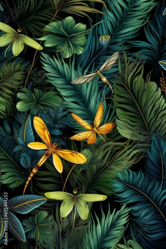 A pattern made of jungle leaves and dragonflies. Background image.