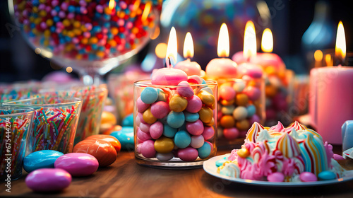 High-resolution image of a festive birthday table with colorful candy,