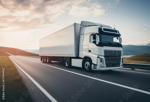 Generic and unbranded truck speed driving on asphalt road photo