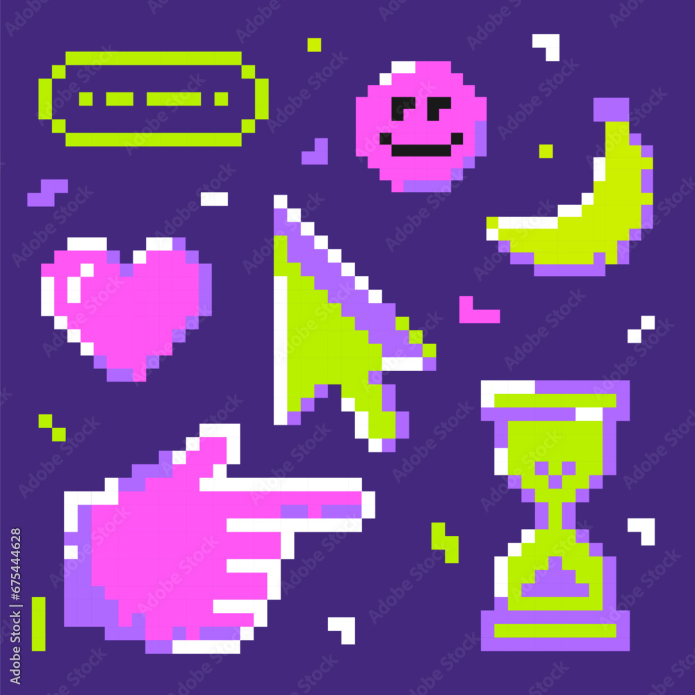 Pixels trend. Y2k trendy stickers. Geometric Brutalism UI. Pixels elements in the mood of 90's aesthetics. 8-bit retro style illustration. Bright colors. Heart, tetris, cursor, banana, pointer Pixels trend. Y2k trendy stickers. Geometric Brutalism UI. Pixels elements in the mood of 90's aesthetics. 8-bit retro style illustration. Bright colors. Heart, tetris, cursor, banana, pointer