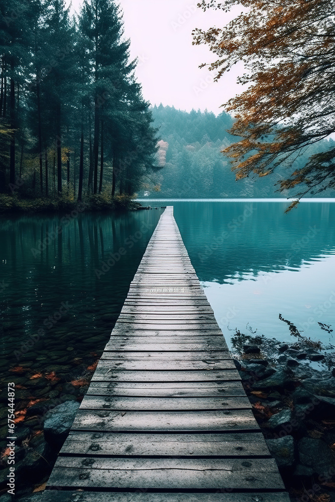 Fototapeta premium a wooden path to calm lake, landscape nature photo, minimal wallpaper