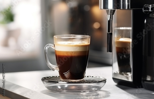black coffee is poured into a glass cup that stands on a metal stand, on a blurred background of a coffee machine