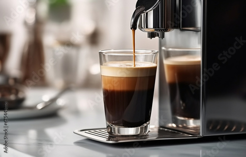 black coffee is poured into a glass cup that stands on a metal stand, on a blurred background of a coffee machine photo