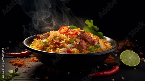 Rice and fried meat are traditional Thai foods. dark background.