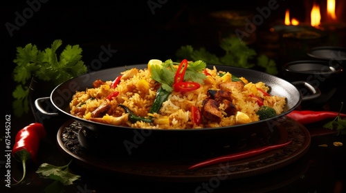 Rice and fried meat are traditional Thai foods. dark background.