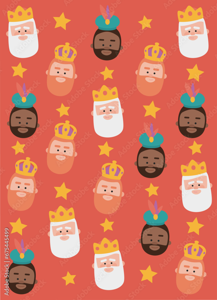Christmas red background, the three kings of orient, Melchior, Gaspard and Balthazar for wrapping paper pattern