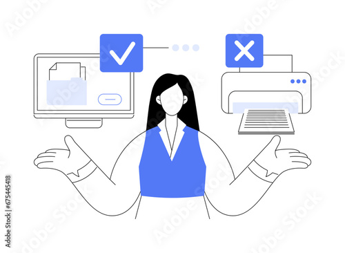 Printer ink and paper reduction abstract concept vector illustration.