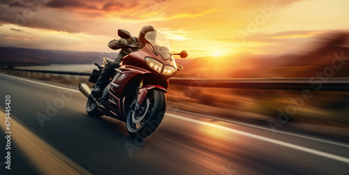 A biker on a motorcycle riding at sunset on a USA road