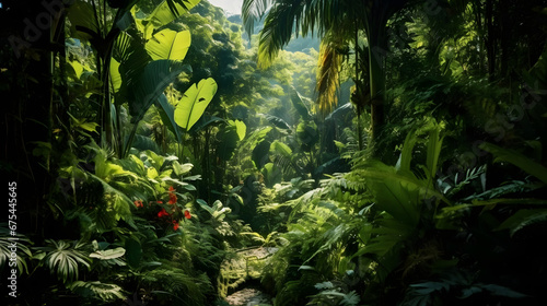 Golden sunlight streams through the vibrant jungle, revealing lush life, and a thriving tropical paradise under the radiant, green canopy.