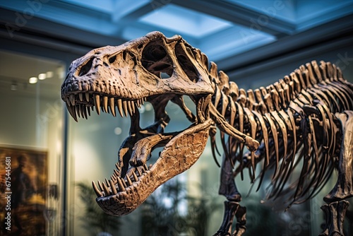 T Rex skeleton in a museum. Tyrannosaurus dinosaur exibited. Generative Ai