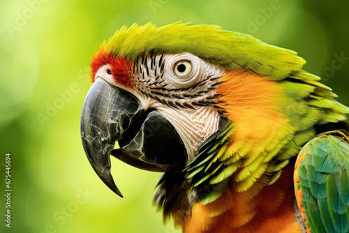 tête de perroquet ara sauvage de profil avec plumes multicolore © Sébastien Jouve