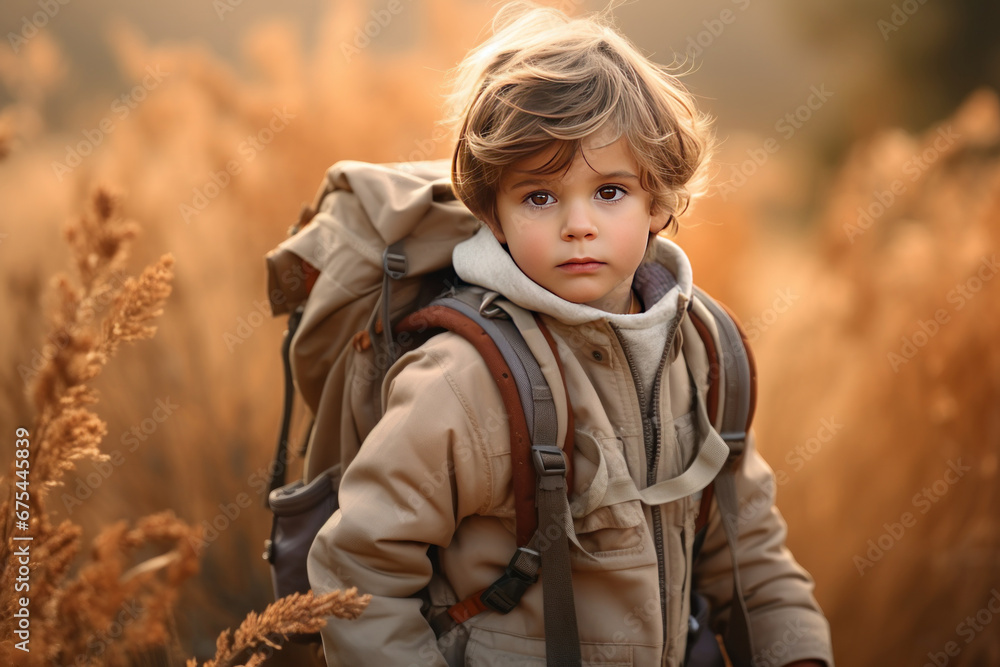 Little boy wearing a backpack in nature
