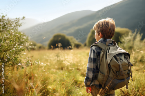 Little boy wearing a backpack in nature