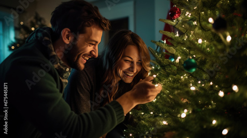 Young couple decorate the Christmas tree