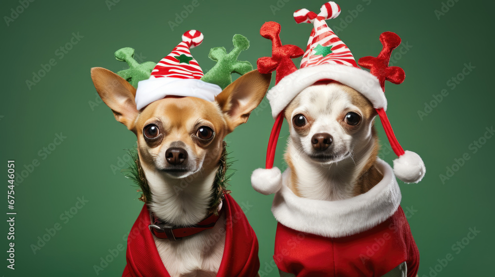 Portrait of a Chihuahua dog dressed in festive Christmas attire with antler headband and a red scarf, set against a solid green background. Portrait of a Chihuahua dog dressed in festive Christmas attire with antler headband and a red scarf, set against a solid green background.