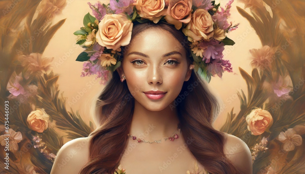Woman with flowers wreath background