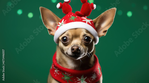Portrait of a Chihuahua dog dressed in festive Christmas attire with antler headband and a red scarf, set against a solid green background. © MP Studio