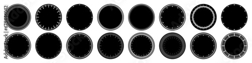 Mechanical clock faces, bezel. Watch dial with minute and hour marks. Timer or stopwatch element. Blank measuring circle scale with divisions. Vector illustration.
