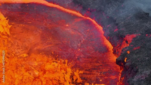 Detailed view of the bubbling lava in the volcano. The Litli-Hrútur eruption in Iceland in 2023.