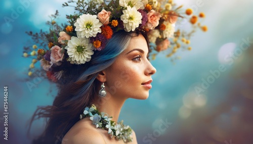 Woman with flowers wreath background