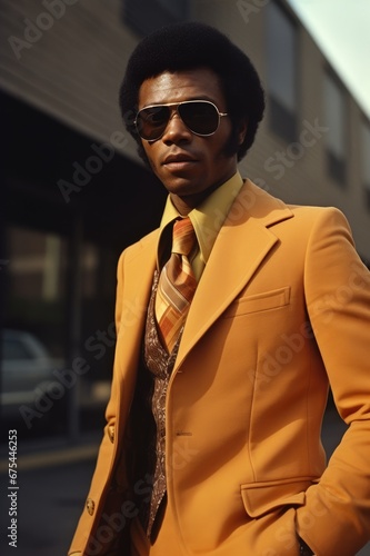 70s, 70's Seventies, Style, Vintage, Fashion, Afro, man, Sunglasses, Cool, Confident, Suit, Retro, Street, Classic, Orange