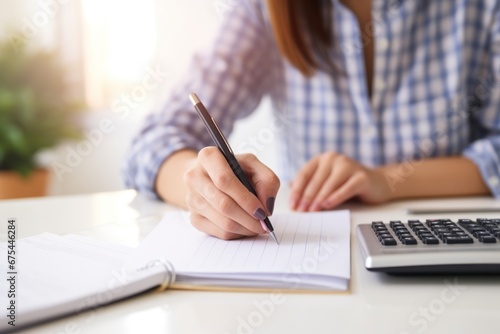 Woman writing a list of debt on notebook calculating her expenses with calculator
