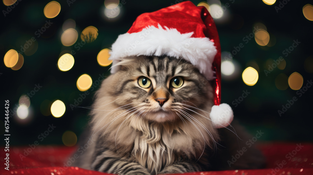 A tabby cat is dressed in a festive Santa costume with a hat, sitting in front of a Christmas tree adorned with glowing lights. A tabby cat is dressed in a festive Santa costume with a hat, sitting in front of a Christmas tree adorned with glowing lights.