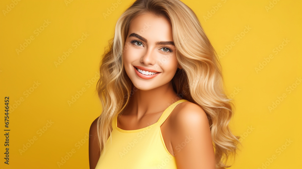 Beautiful elegant european blond-haired smiling young woman with perfect skin and long blond hair, on a yellow background, close-up Beautiful elegant european blond-haired smiling young woman with perfect skin and long blond hair, on a yellow background, close-up