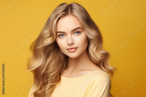 Beautiful elegant european blond-haired smiling young woman with perfect skin and long blond hair, on a yellow background, close-up