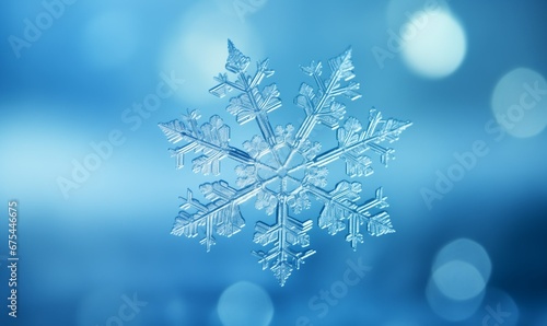 Macro shot of delicate snowflakes with intricate designs against a blue background