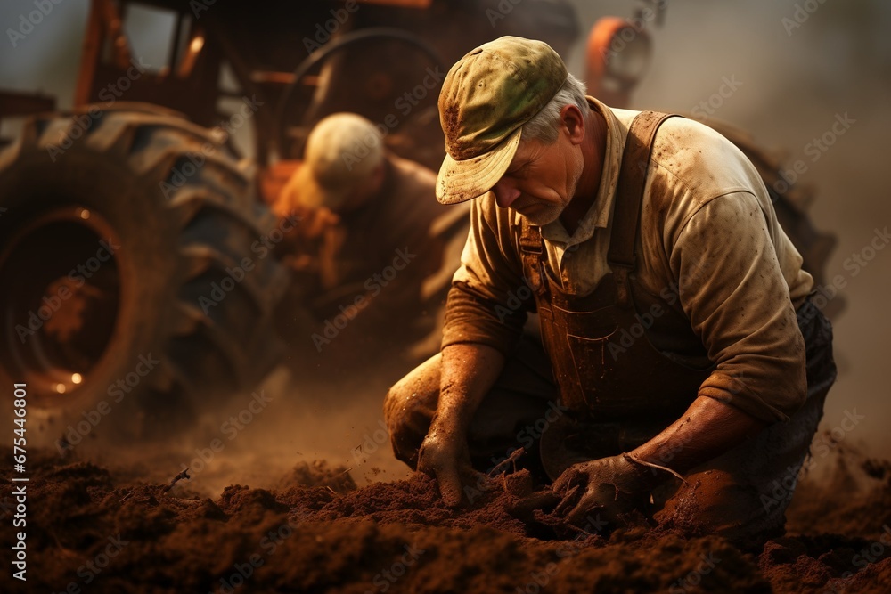 Farmers at work. A farmer bent over, hands in the soil, planting seeds