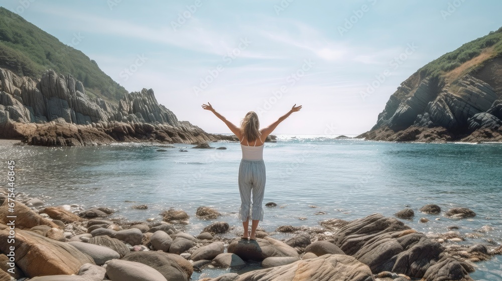 A woman stretches out her hands on a rocky shore