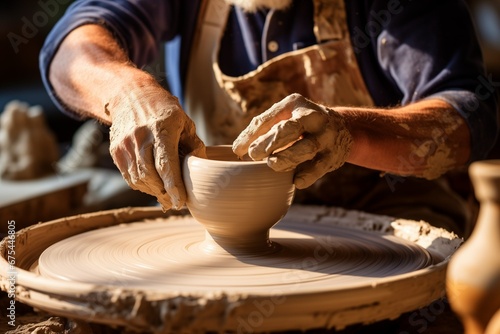 Craftsmen at work. A potter's hands shaping clay on a spinning wheel