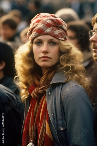 Stylish woman in a vibrant headscarf exudes 1970s retro fashion and elegance amidst a crowd. Hippy. Headband. 