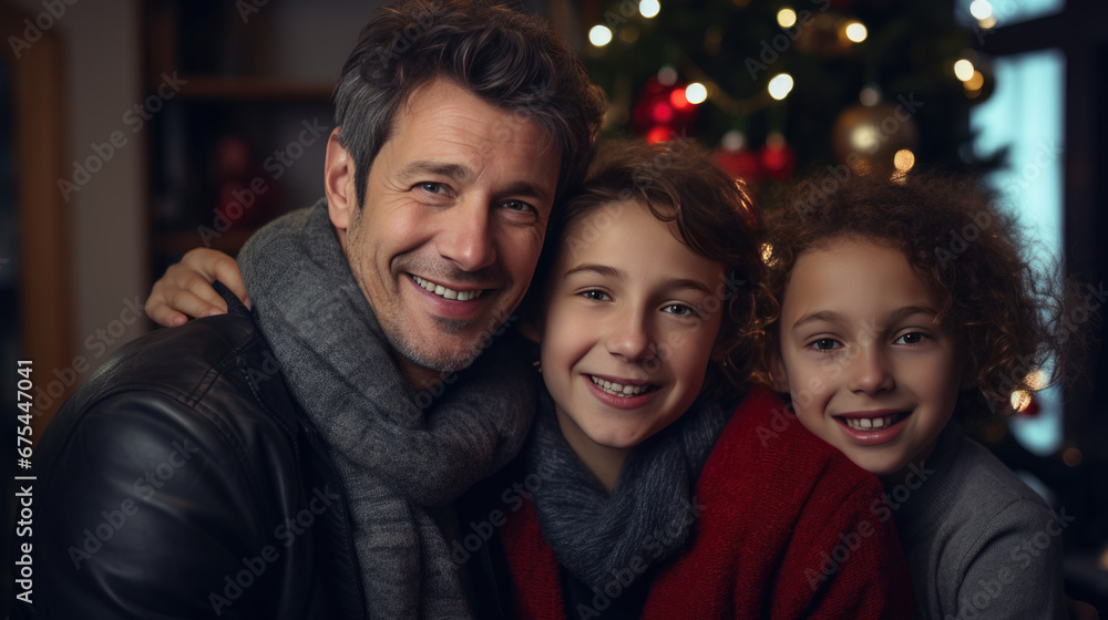 A joyful family share a warm embrace, laughing and smiling against a backdrop of a twinkling Christmas tree.